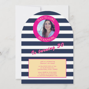 Pink und Navy Nautic Stripes Geburtstagsparty Einladung