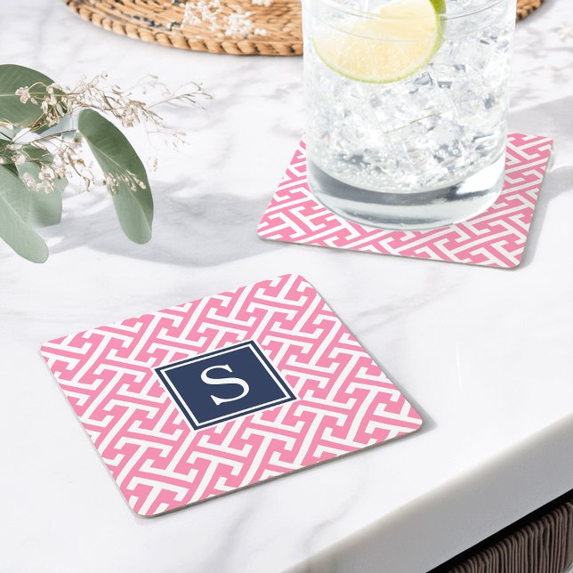 Pink und Navy Preppy Muster Monogram Rechteckiger Pappuntersetzer (Von Creator hochgeladen)