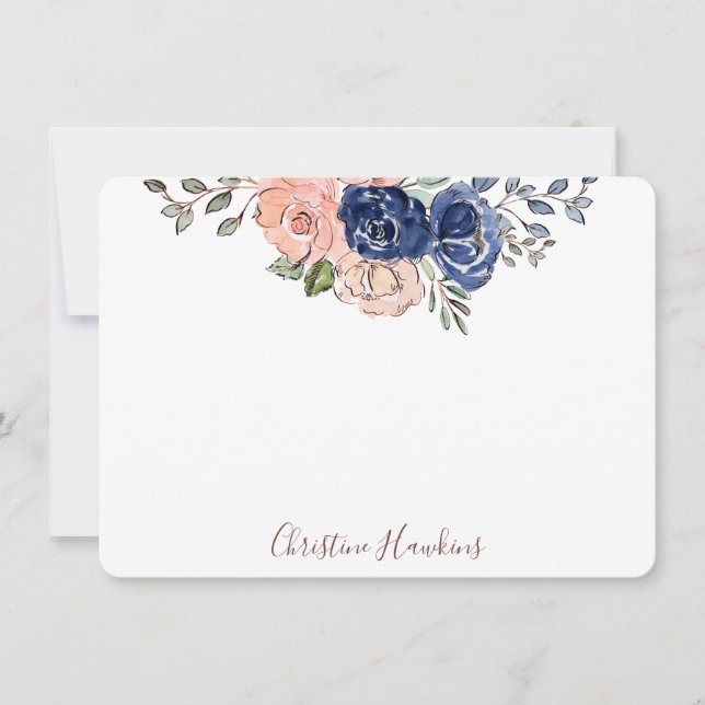 Pink und Navy Wasserfarbe Blumenblüte Personalisie Mitteilungskarte (Vorderseite)