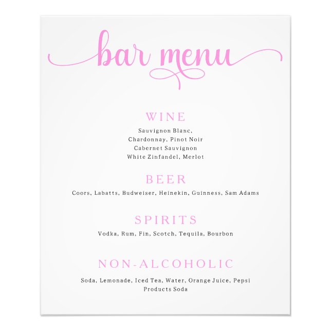 Pink und Off White Wedding Bar Menu Poster (Vorne)