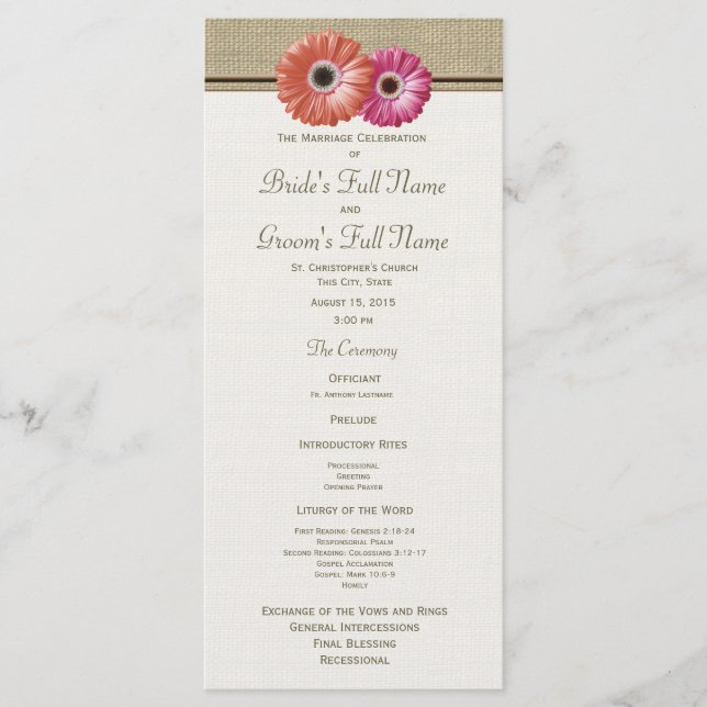 Pink und Orange Gerbera Daisy Wedding Program Programm (Vorderseite)