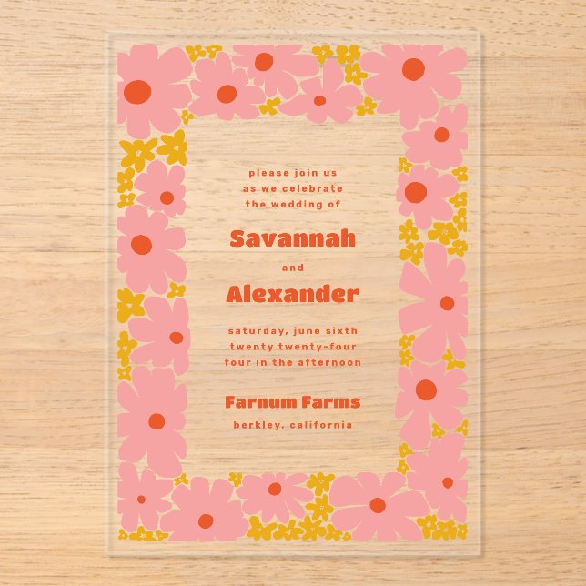 Pink und Orange Groovy Blooms Boho Wedding Acryleinladungen (Vorderseite)
