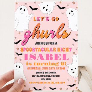 Pink und Orange Let's Go Ghurls Halloween Geburtst Einladung
