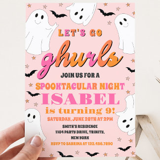 Pink und Orange Let's Go Ghurls Halloween Geburtst Einladung
