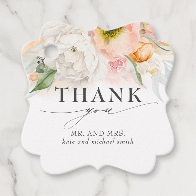 Pink und Peach Blume Hochzeit Danke Geschenkanhänger (Vorderseite)
