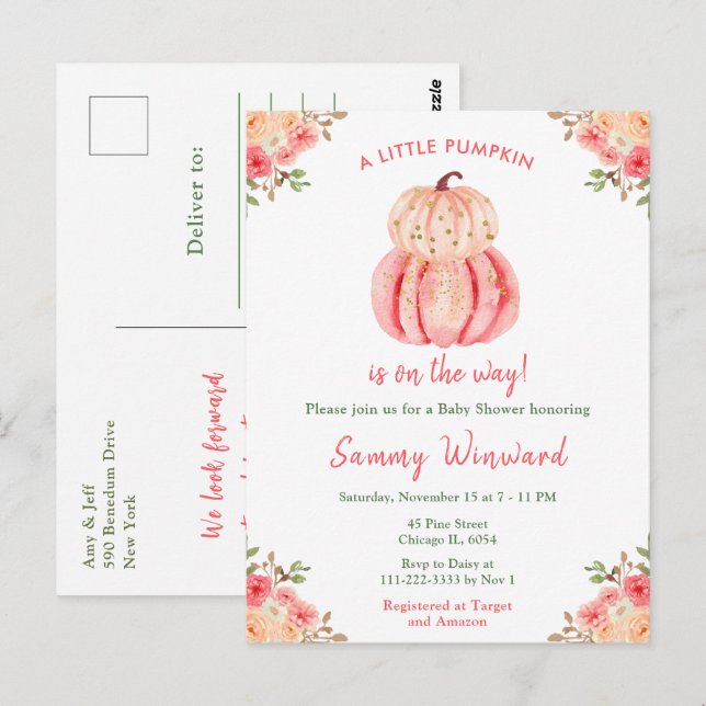 Pink und Peach Pumpkins Baby Dusche Postkarte (Vorne/Hinten)