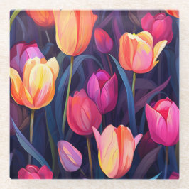 Pink und Peach Tulips Blumenmuster Glasuntersetzer