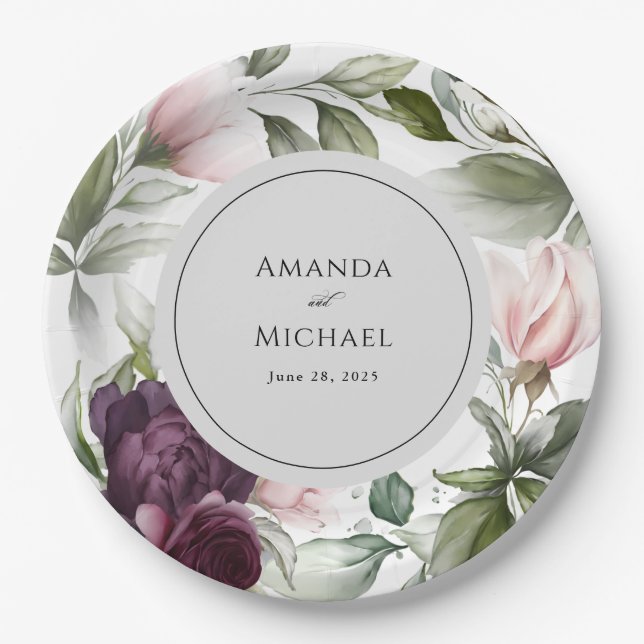 Pink und Plum Botanische Charm Hochzeit Pappteller (Vorderseite)