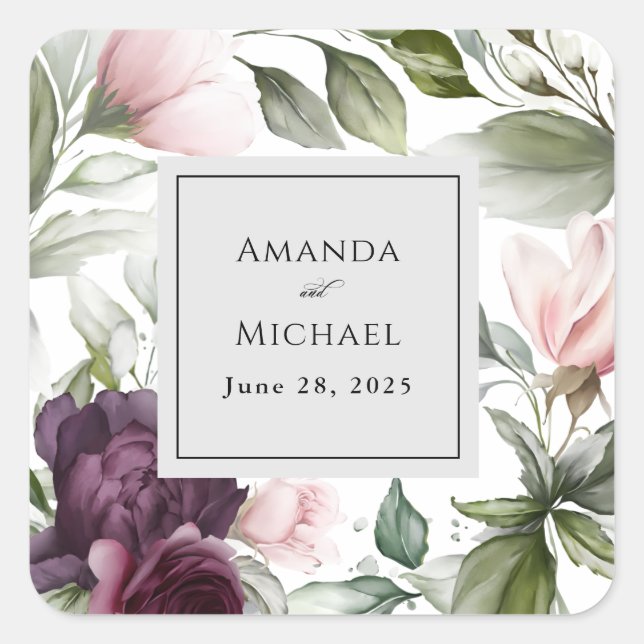 Pink und Plum Botanische Charm Hochzeit Quadratischer Aufkleber (Vorderseite)