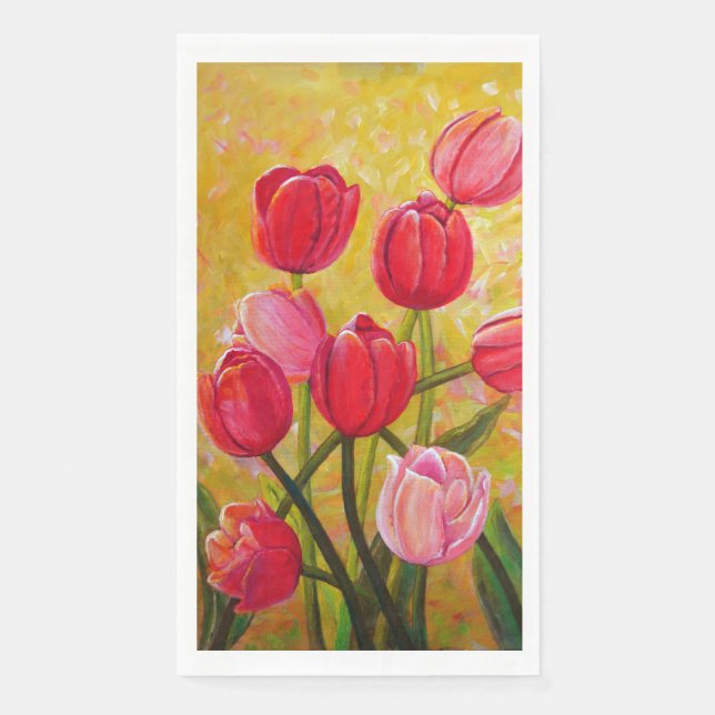 Pink und Red Tulip Bouquet Malerei Serviette (Vorderseite)