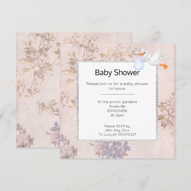 PINK UND ROSE GOLD BLAU MODERNE STORK BABY DUSCHE EINLADUNG (Vorne/Hinten)