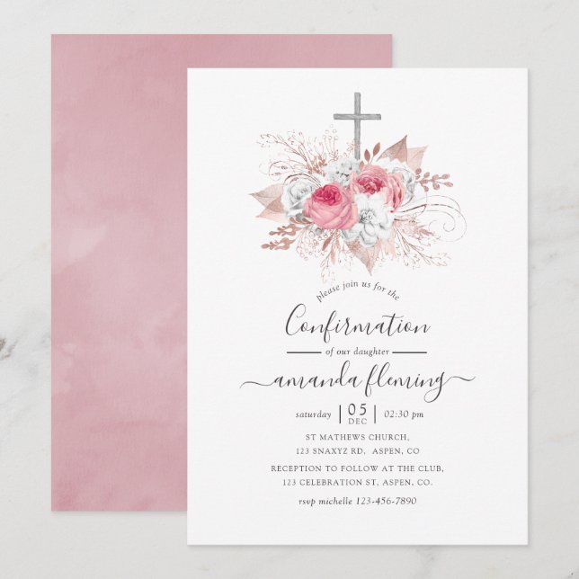Pink und Rose Gold Floral Bestätigung Einladung (Vorne/Hinten)