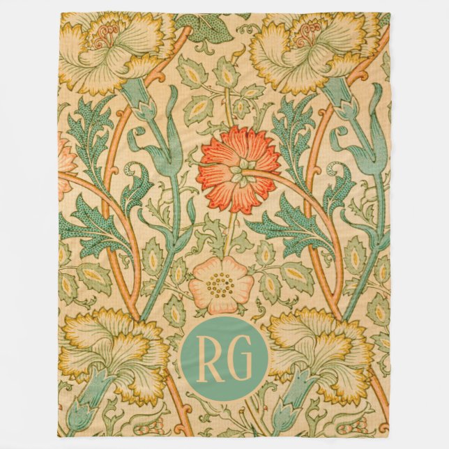 Pink und Rosen William Morris Monogram Personalisi Fleecedecke (Vorderseite)