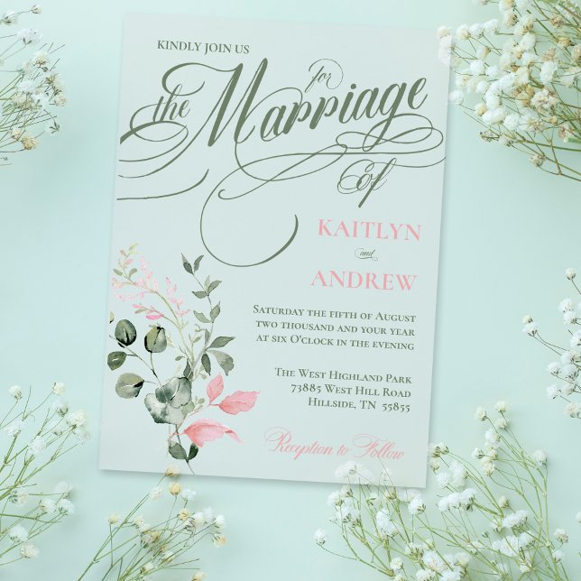 Pink und Sage Floral Elegantes Script Hochzeit Acryleinladungen (Elegant Script Typography Pink and Sage Clear Acrylic Wedding Invitation)