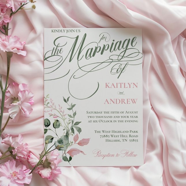 Pink und Sage Floral Elegantes Script Hochzeit Einladung (Pink and sage elegant typography floral wedding invitations)