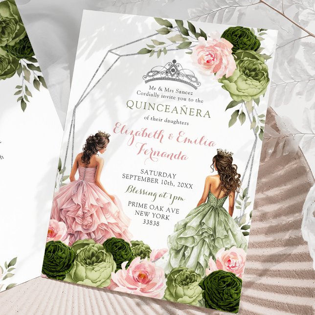 Pink und Sage Green Twins Geometric Quinceañera Einladung (Von Creator hochgeladen)