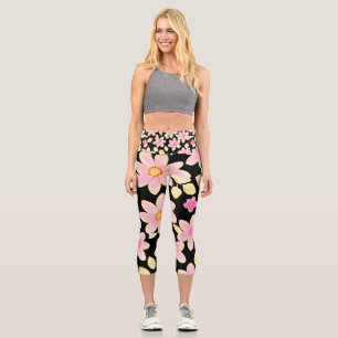 Pink und Schwarz-Blume-Muster Capri Leggings