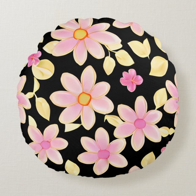 Pink und Schwarz-Blume-Muster Rundes Kissen (Vorderseite)