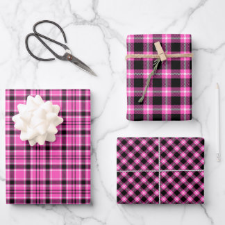 Pink und Schwarz - Kariertes Weihnachtswackelpapie Geschenkpapier Set