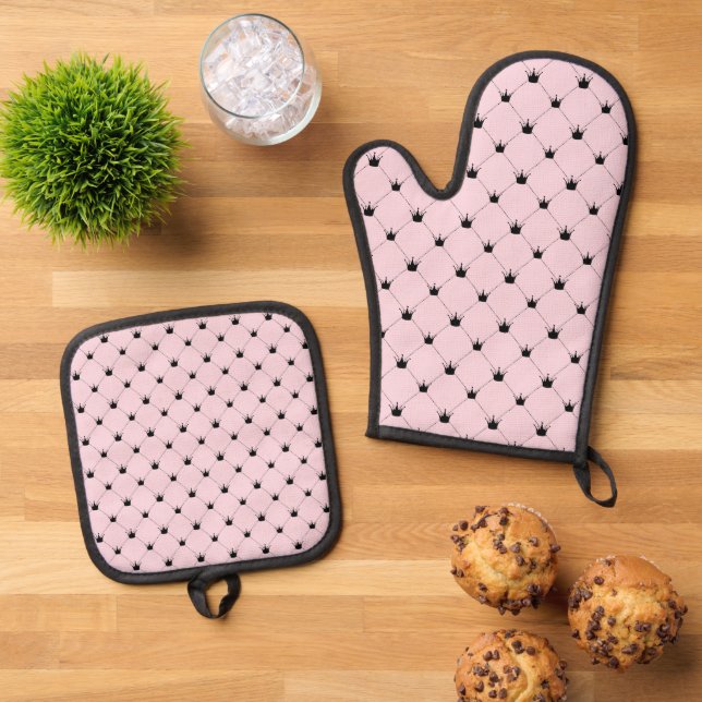 Pink und Schwarz-Kronen-Muster Ofenhandschuh & Topflappen-Set (Oben Unten)