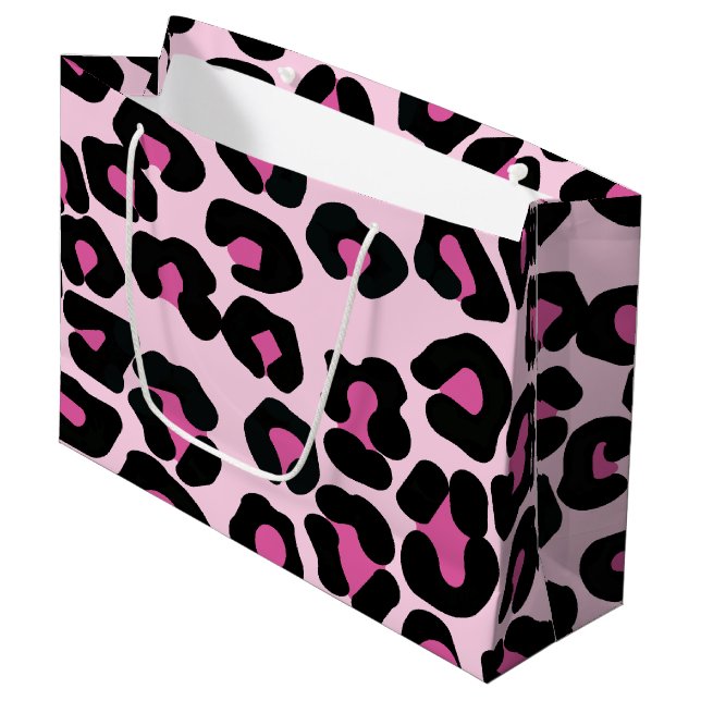 Pink und schwarz Leopard Druckmuster Großes Gesche Große Geschenktüte (Vorderseite Schrägansicht)