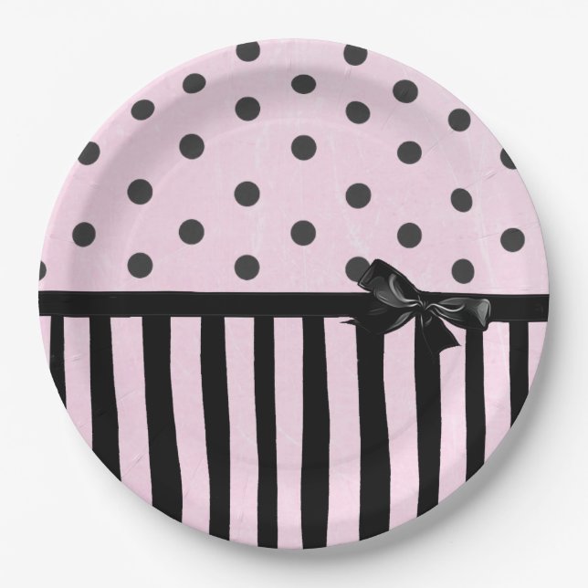 Pink und schwarz Polka Dot Streifen Party Papierpl Pappteller (Vorderseite)