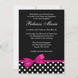 Pink und schwarz Polka Dots Bow Bat Mitzvah Einladung