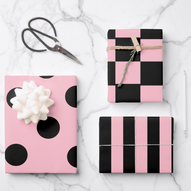 Pink und schwarz Streifen, Schachbretter, Polka Do Geschenkpapier Set (Vorderseite)