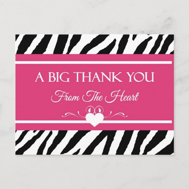 Pink und schwarz Zebra Print Vielen Dank aus dem H Postkarte (Vorderseite)