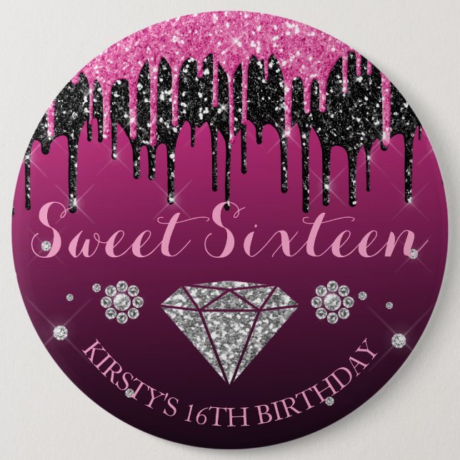 Pink und schwarzer Glitter-Drip-Diamant Sweet Sixt Button (Vorderseite)