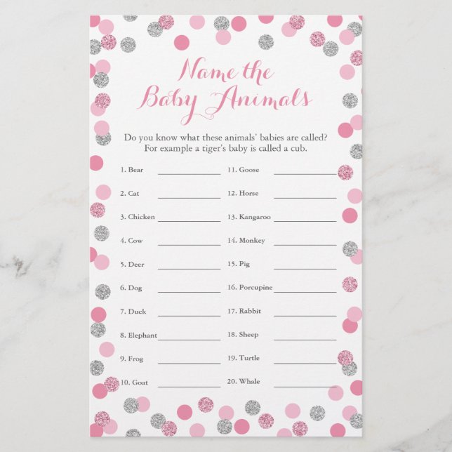 Pink und Silver Baby Dusche Baby Animal Name Spiel (Vorderseite)
