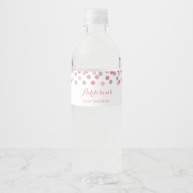Pink und Silver Baby Dusche Wasserflaschen Etikett (Vorderseite)