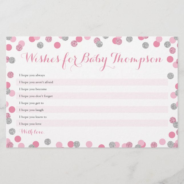 Pink und Silver Baby Dusche Wünsche für Babykarten (Vorderseite)