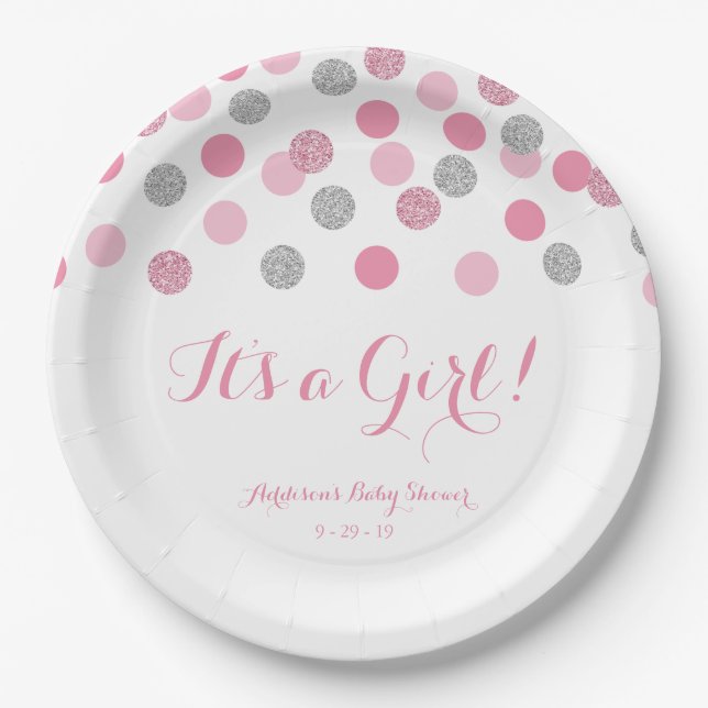 Pink und Silver Glitzer Baby Duschpapier Teller (Vorderseite)