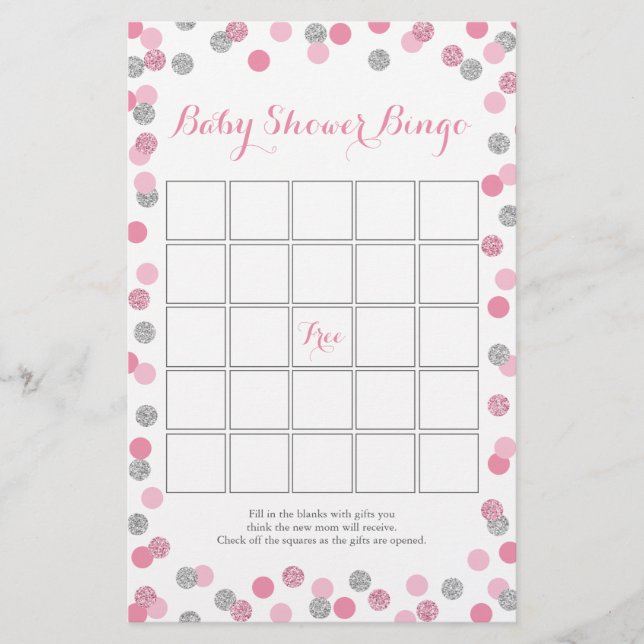Pink und Silver Glitzer Babydusche Bingospiel Flyer (Vorne)