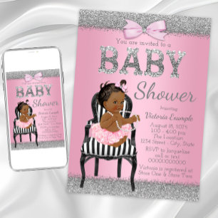Pink und Silver Gray Ethnic Girl Baby Dusche Einladung