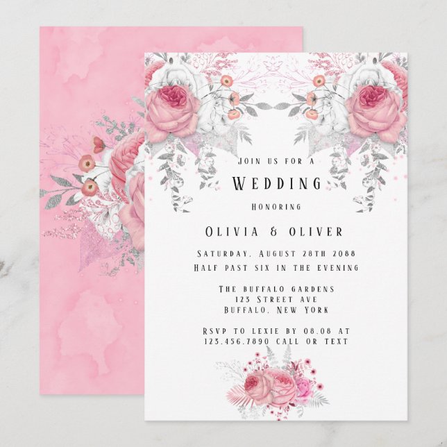 Pink und Silver Peony Florals Hochzeit Einladung (Vorne/Hinten)