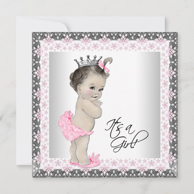 Pink und Silver Princess Baby Girl Dusche Einladung (Vorderseite)