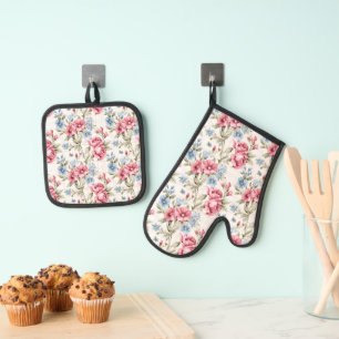 Pink und Sky Blue Floral und Polka Dots Ofenhandschuh & Topflappen-Set