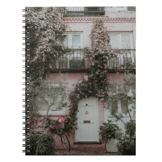 PINK UND WEISS GEMALTETES HAUS MIT PFLANZE A NOTIZBLOCK (Vorderseite)