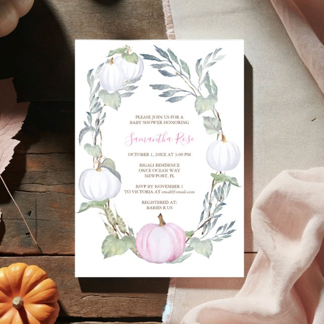 Pink und WEISS PUMPKIN Grüne BABY Dusche laden ein Einladung (Girl baby shower pink watercolor pumpkin fall invitations)