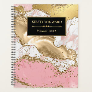 Pink- und Weißstein und Gold-Glitter-Achat-Monogra Planer