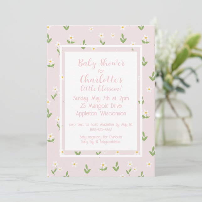 Pink und White Daisy Baby Dusche Einladung (Stehend Vorderseite)