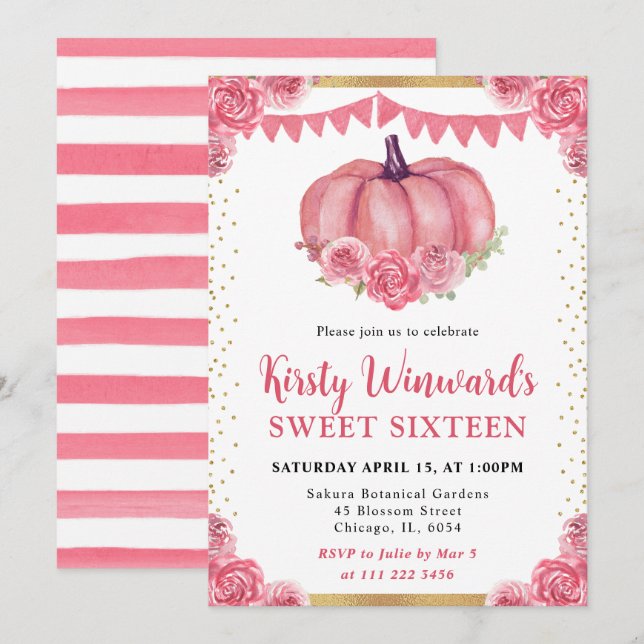 Pink und White Floral Pumpkin Fall Sweet 16 Einladung (Vorne/Hinten)