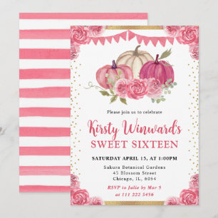 Pink und White Floral Pumpkins Fall Sweet 16 Einladung
