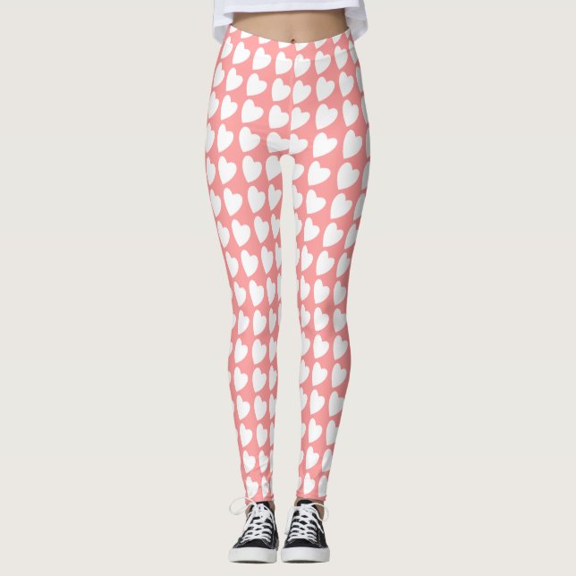 Pink und White Heart Pattern Girly Leggings (Vorderseite)