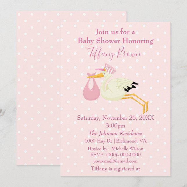 Pink und White Polka Dot Stork Baby Dusche Einladung (Vorne/Hinten)