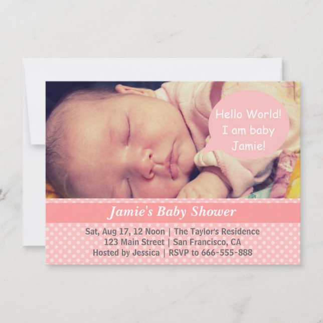 Pink und White Polka Dots Girl Babydusche Foto Einladung (Vorderseite)