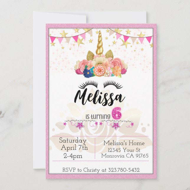 Pink Unicorn 6 Anniversaire invitation (Devant)