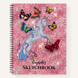 Pink Unicorn and Butterflies Glitter Sketchbook Notizbuch